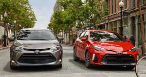Two 2019 Toyota Corolla's stopped at a light.