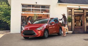 A red 2020 Toyota Yaris.