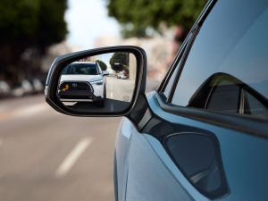 Corolla Cross side mirror with blind-spot monitor.
