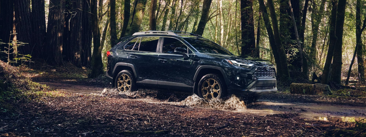 A navy blue 2025 Toyota RAV4 driving through a mud road in a forest.