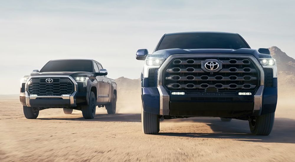 Blue 2026 Toyota Tacoma and Black 2026 Toyota Tacoma 1794 Edition parked in the sand.