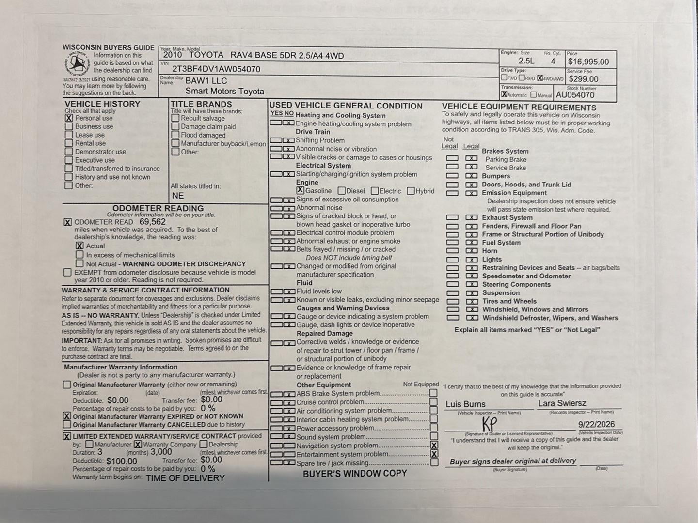 2010 Toyota Rav4 4WD 4dr 4-cyl 4-Spd AT (Natl)