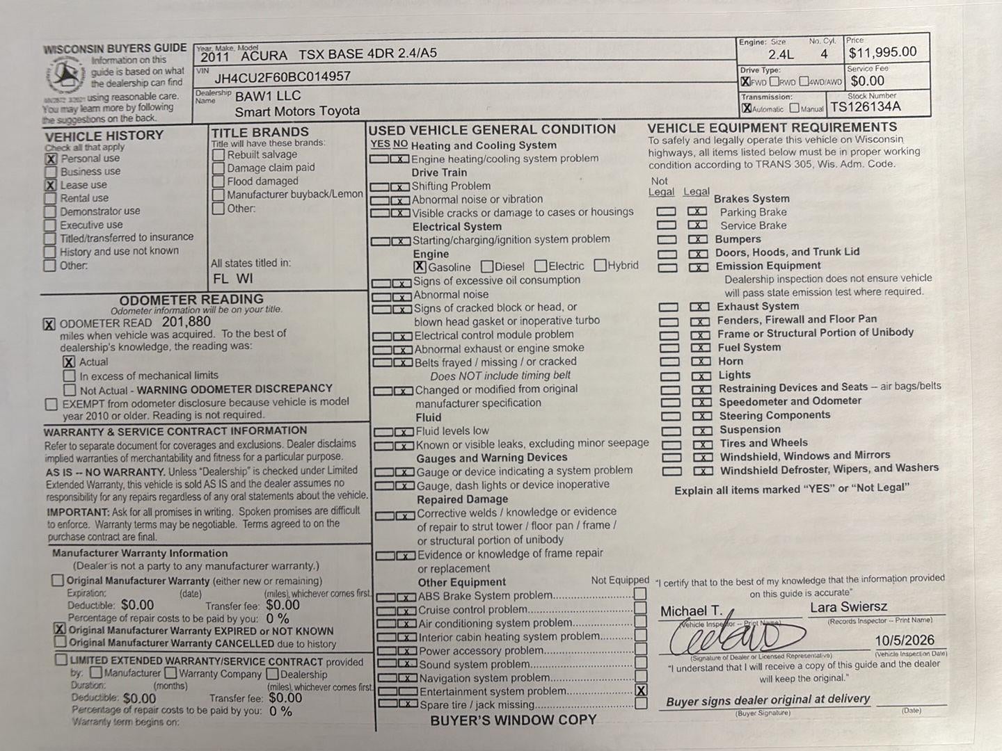 2011 Acura TSX 4dr Sdn I4 Auto