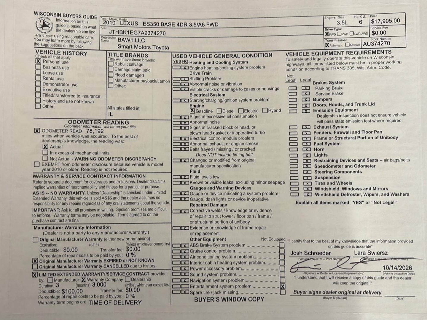 2010 Lexus ES 350 4dr Sdn