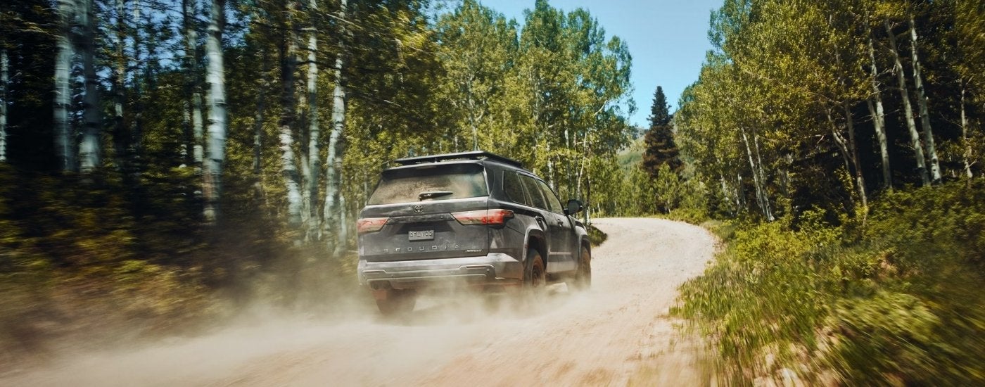 A green 2025 Toyota Sequoia from the rear at an angle.